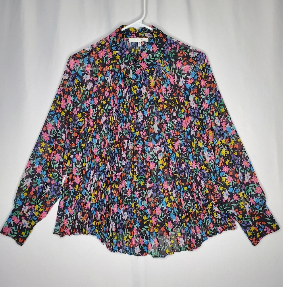 Milly Beth Top Womens 2 Oversize Multicolor Pleated Floral Chiffon Long‎ Sleeve